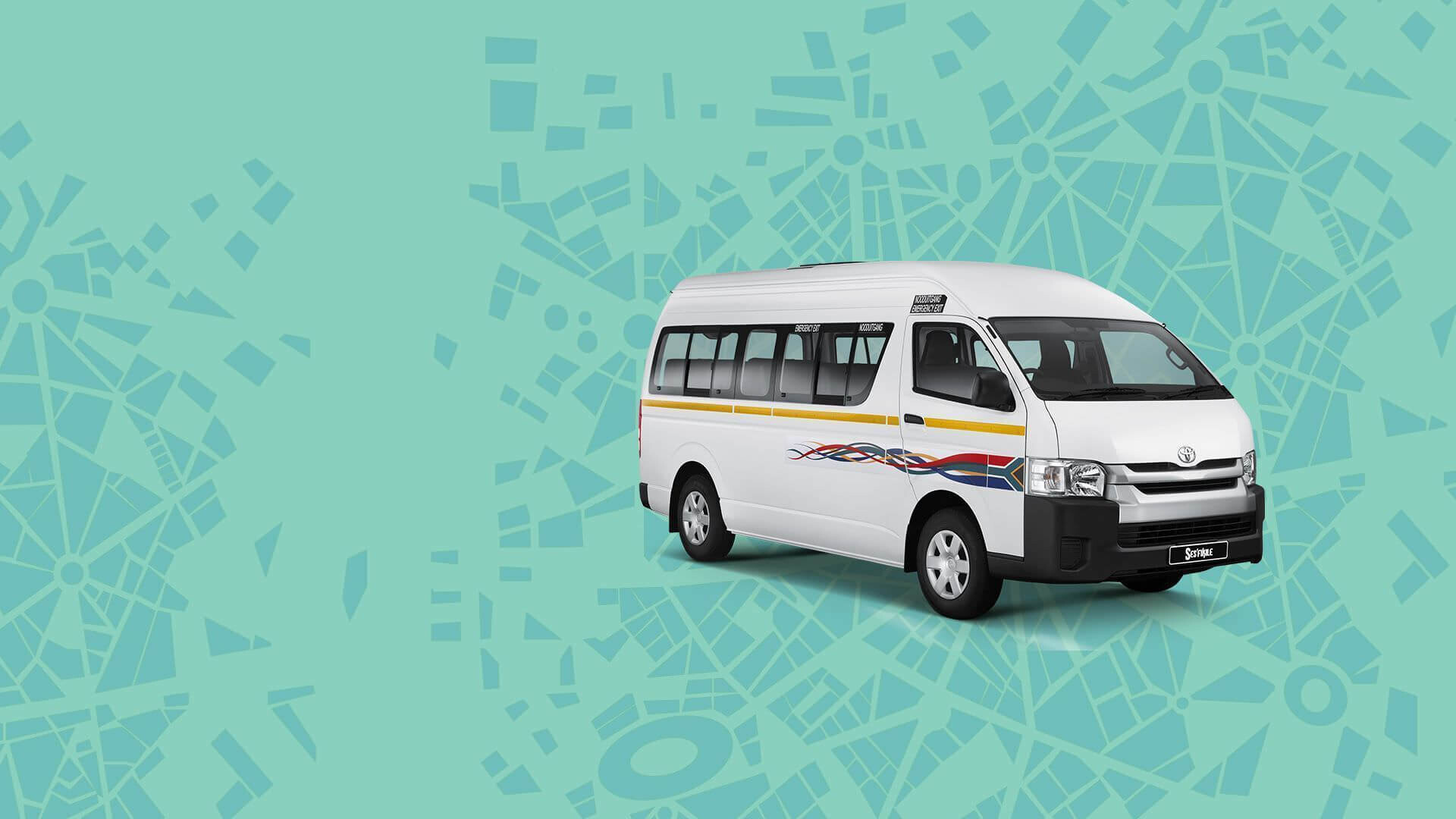 Fleet of white Toyota Quantum minibus taxis in South Africa